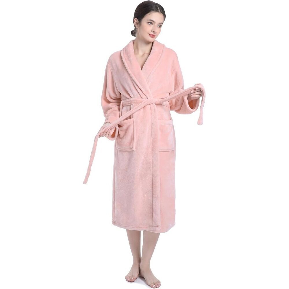 Women's Light pink Plush Soft Fleece Robe - Premium Cozy Warm Bathrobe - Picture 6 of 7